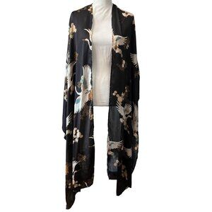 Black Kimono Wrap W/Crane & Floral Print Contemporary S/M Lightweight Open Front